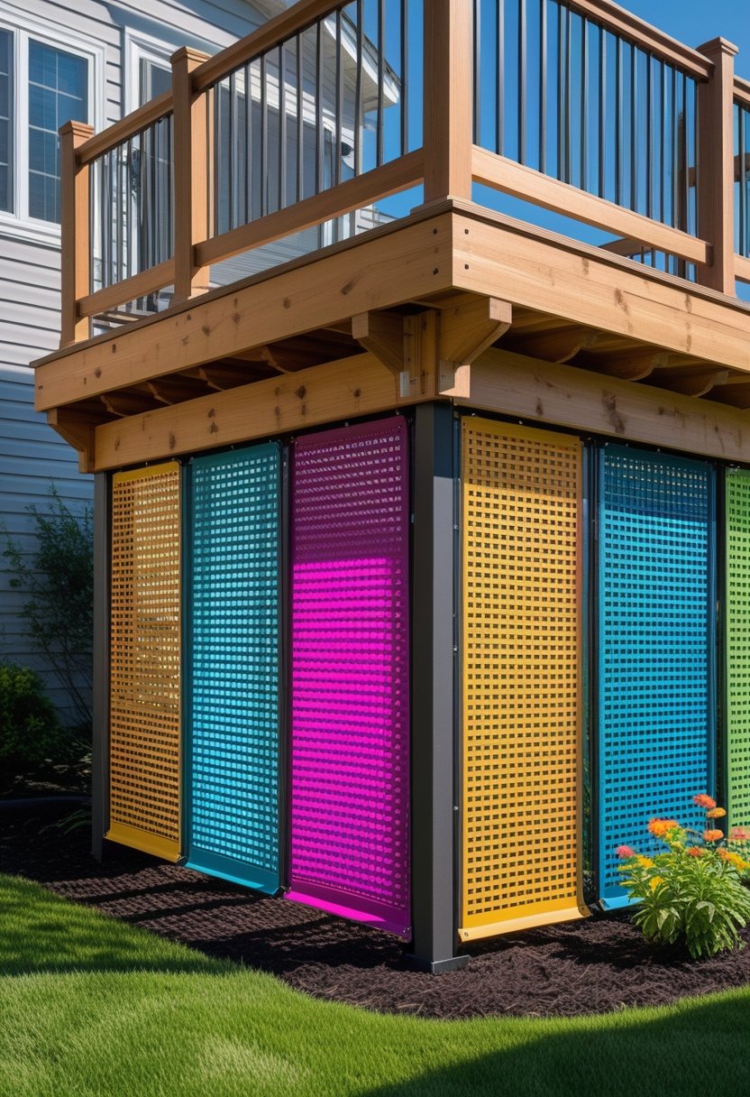 A tall wooden deck with colorful polypropylene decorative screens installed underneath, surrounded by green grass and plants.