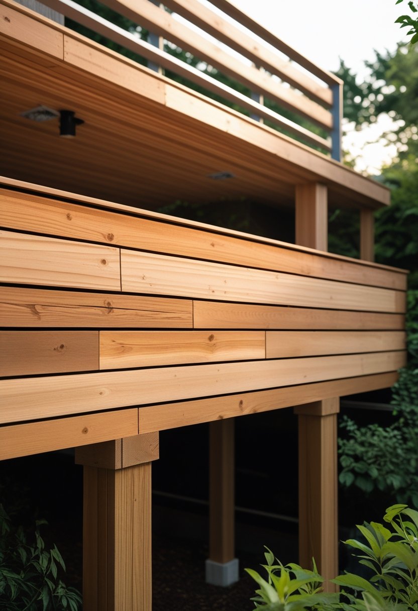 A tall outdoor deck with horizontal cedar boards used as skirting, surrounded by greenery.
