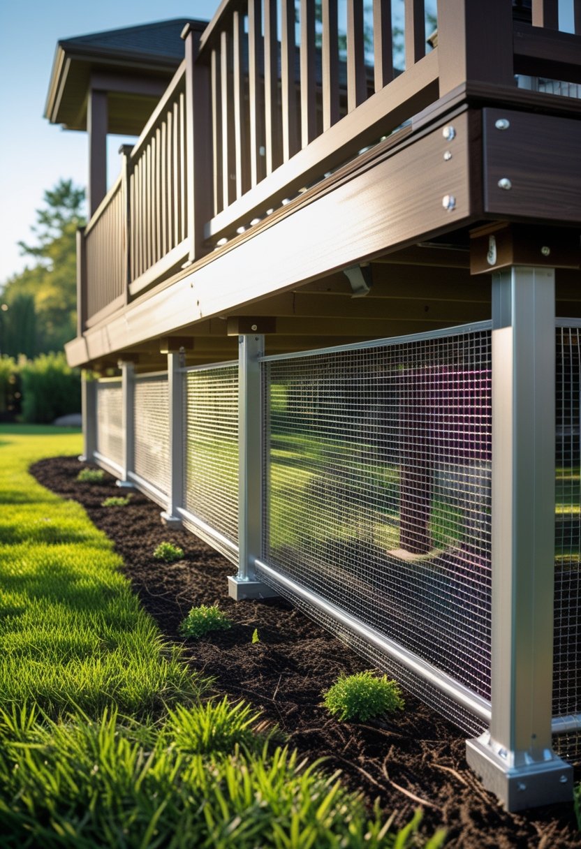 Close-up of metal mesh panels installed as skirting around the base of a tall outdoor deck in a backyard.