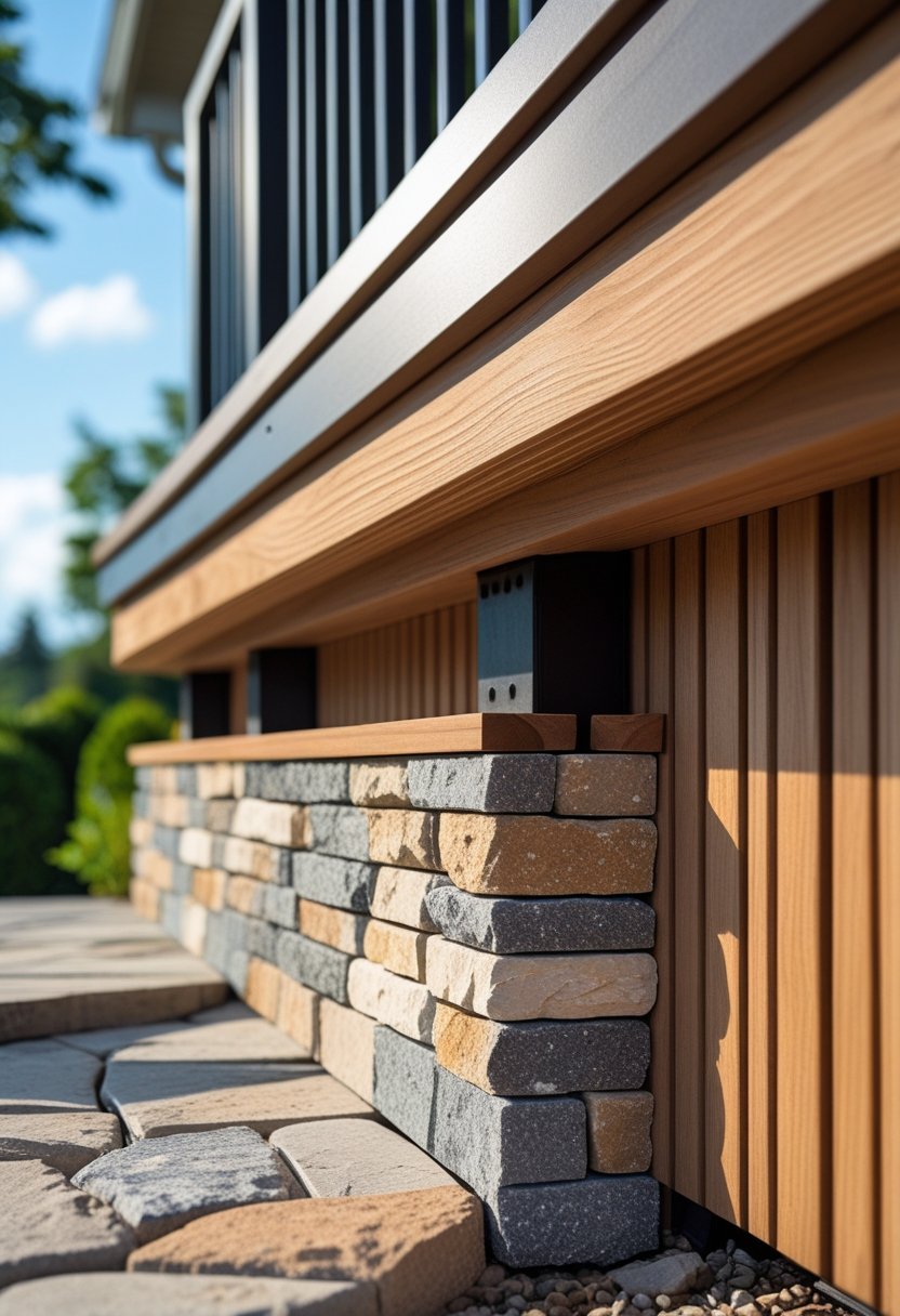 Close-up of a tall outdoor deck base with stone veneer and vertical wooden slats surrounded by greenery.