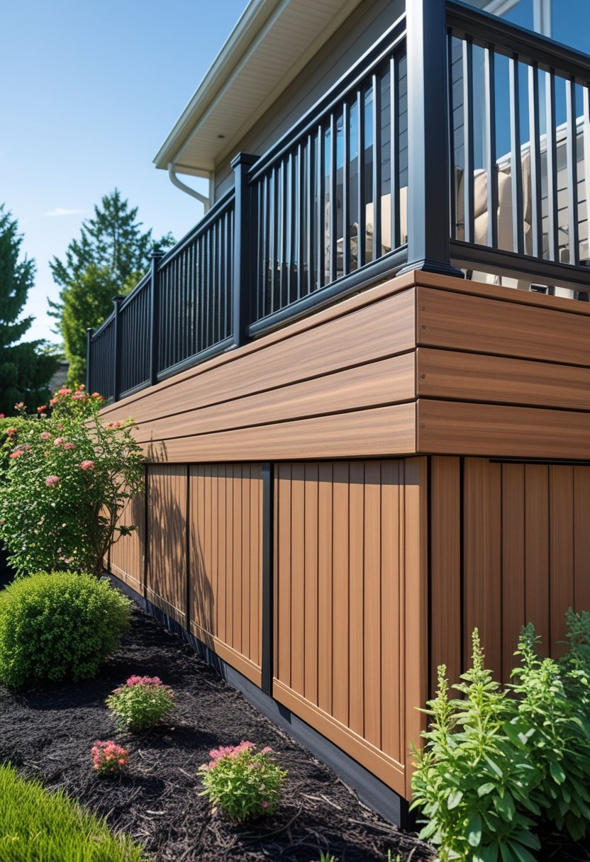 Tall outdoor deck with composite wood skirting panels surrounded by green plants and a sunny backyard.