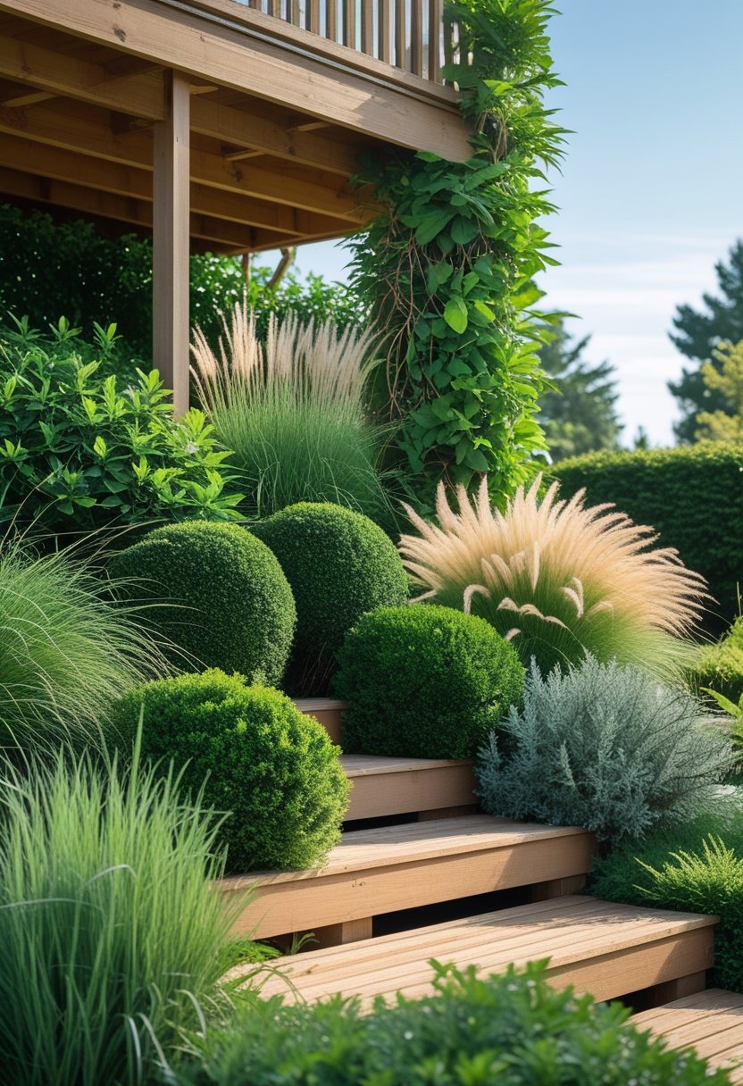 Tall wooden deck surrounded by dense shrubs and tall plants providing natural concealment in a garden setting.