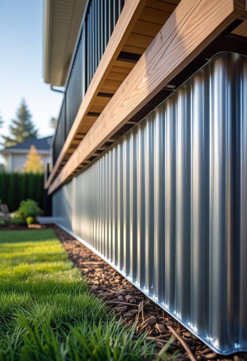 Tall outdoor wooden deck with corrugated metal sheets used as skirting around the base, surrounded by grass and plants.