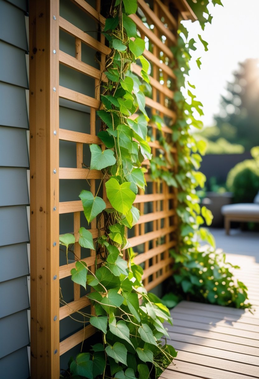 Climbing green vines growing over a wooden lattice attached to the side of a tall outdoor deck.