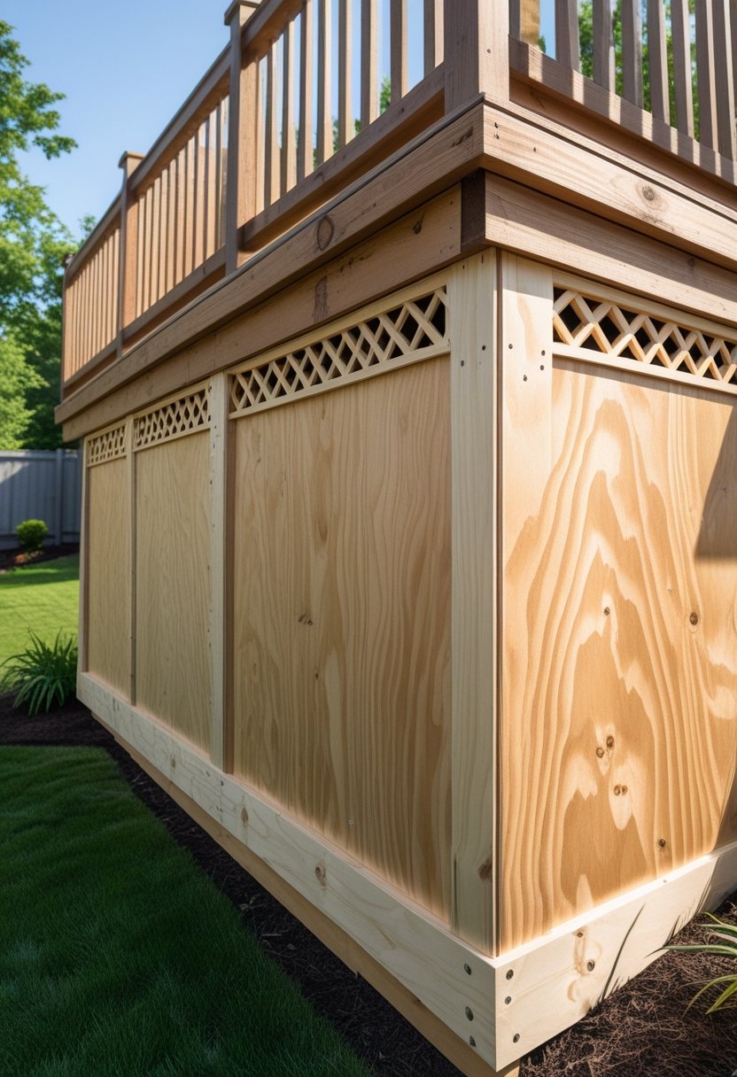 Tall wooden deck with plywood panels featuring decorative cutouts installed as skirting for airflow beneath the deck.