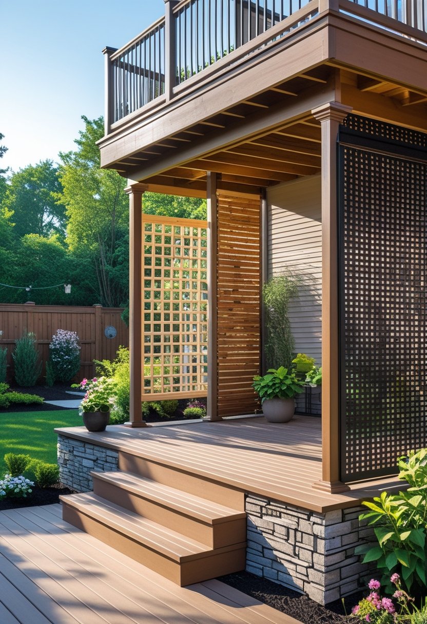 A tall outdoor wooden deck with various types of skirting materials and styles, surrounded by a green backyard.