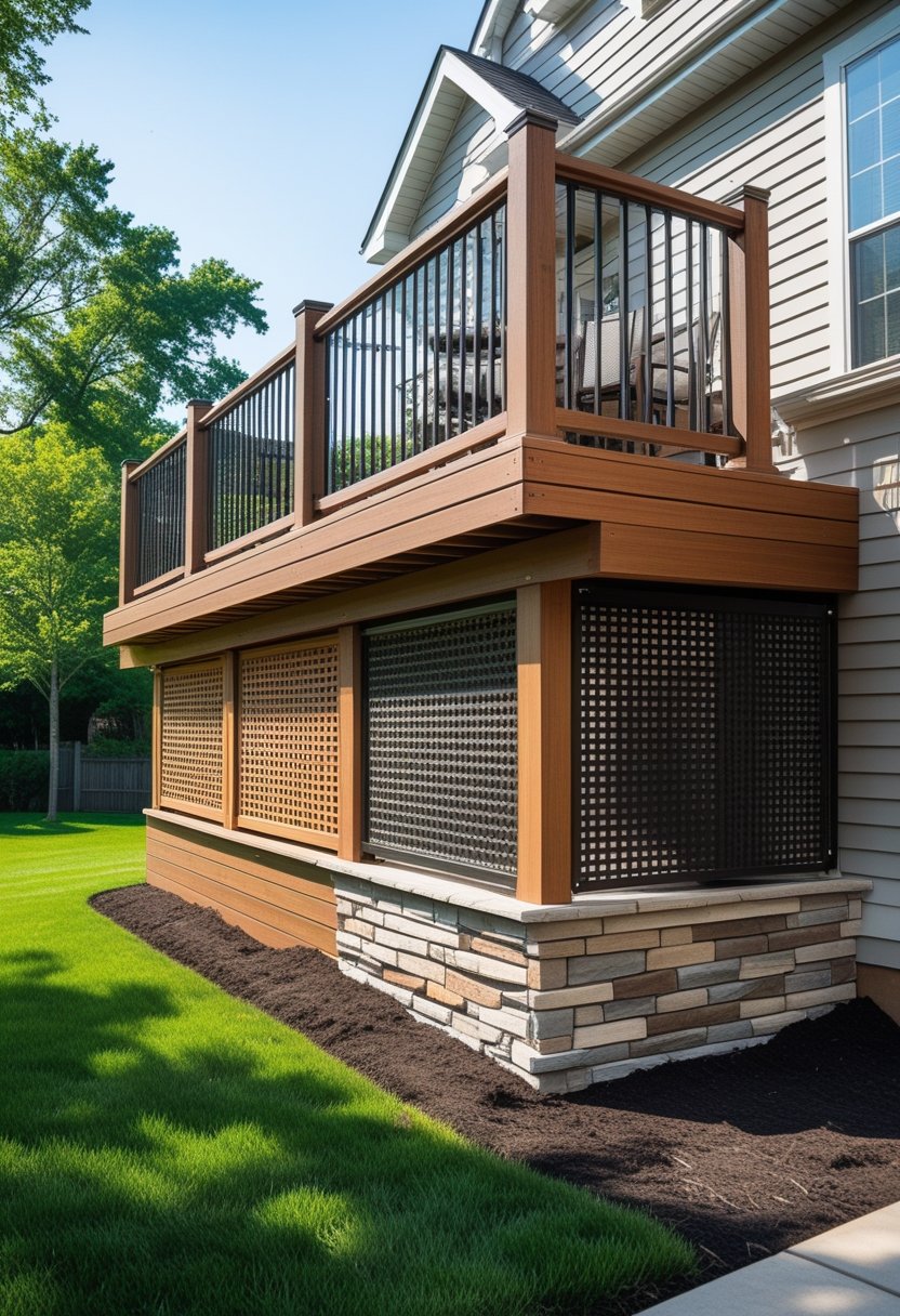A tall wooden deck with different types of skirting around its base in a sunny backyard with grass and trees.