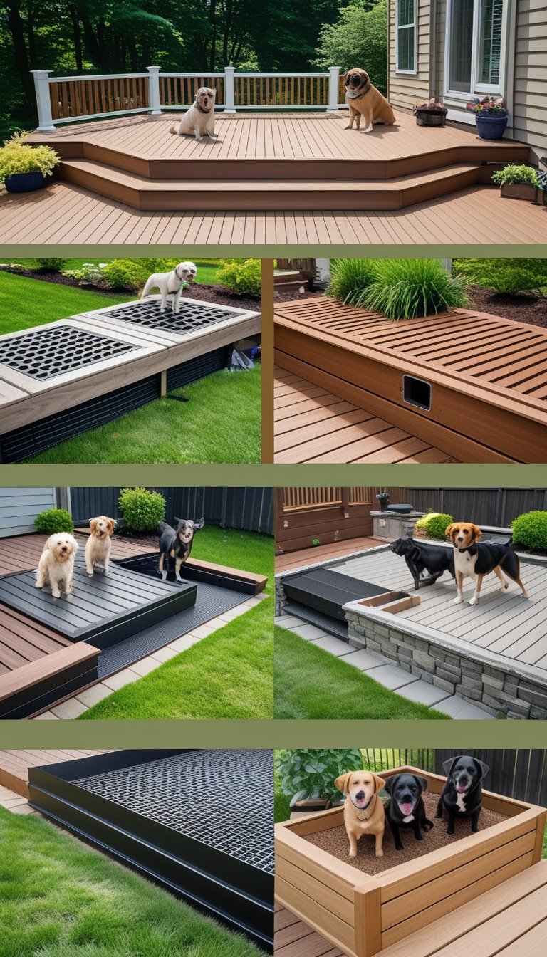 A wooden deck with twelve different dog-friendly skirting designs, showing dogs enjoying the outdoor space surrounded by greenery.