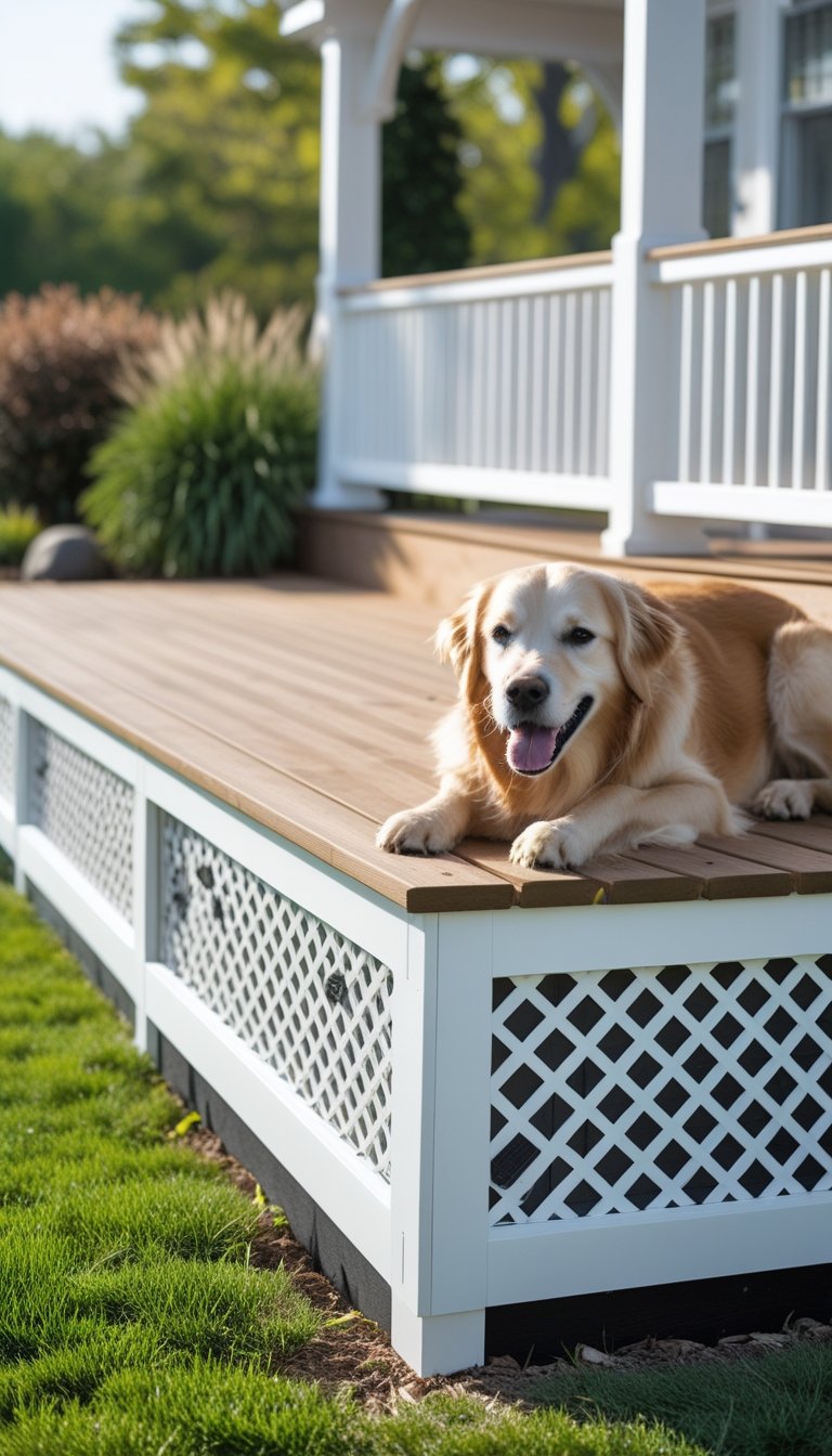 A wooden deck with raised lattice panels around its base and a dog resting nearby on the grass.
