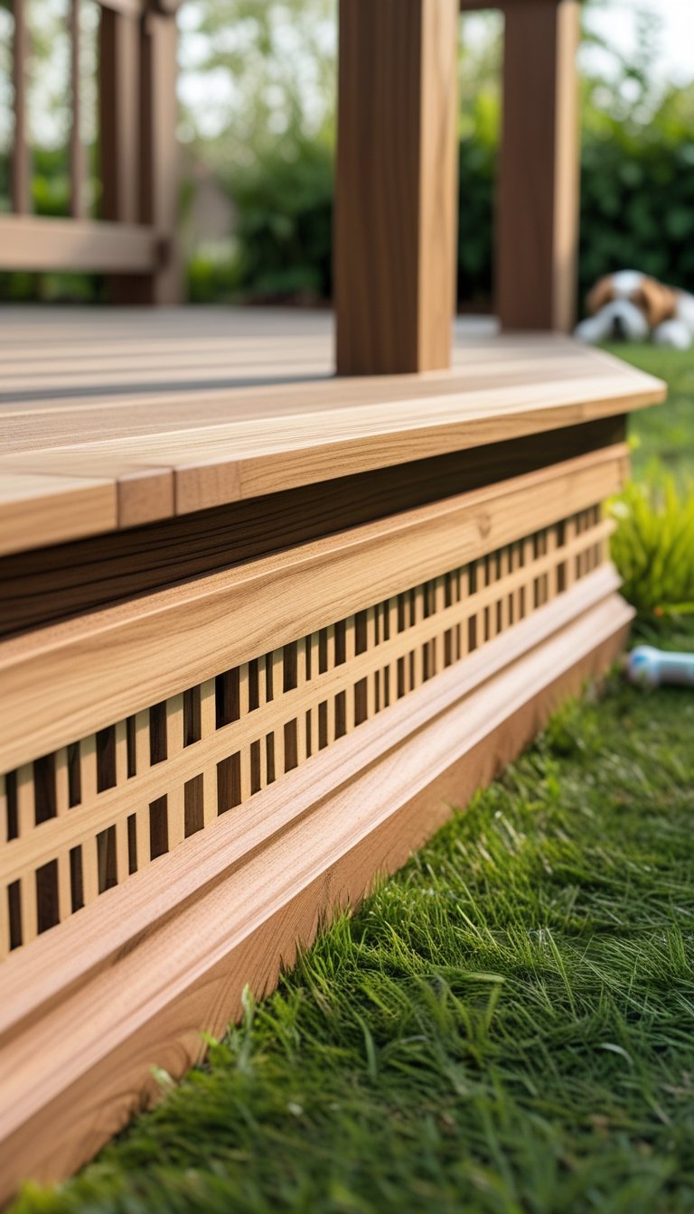 Close-up of a wooden deck skirting with small gaps for airflow, outdoors with grass and dog toys in the background.