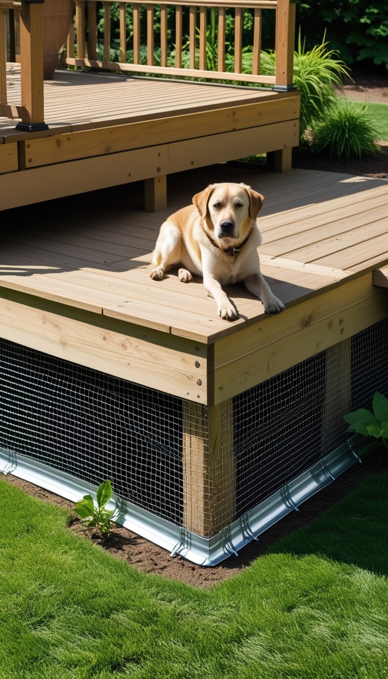 A backyard deck with metal mesh skirting around the base and a dog nearby on the grass.