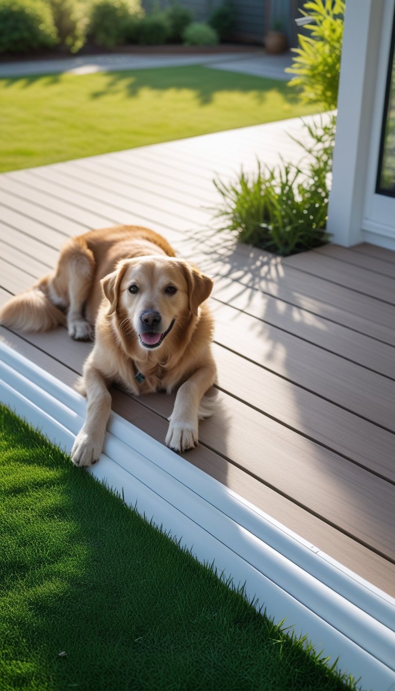 A dog resting near a wooden deck with white PVC panels installed around its base in a green garden.