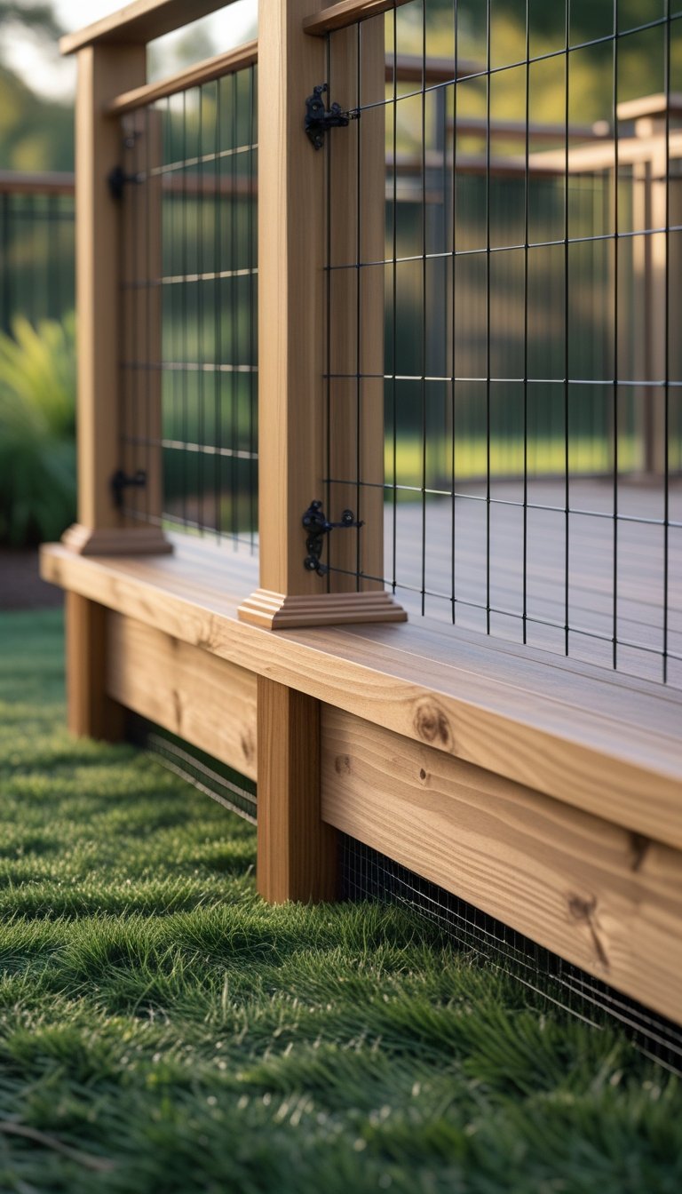 Backyard deck with wire fencing and decorative wooden frame surrounding a dog-friendly skirting area.