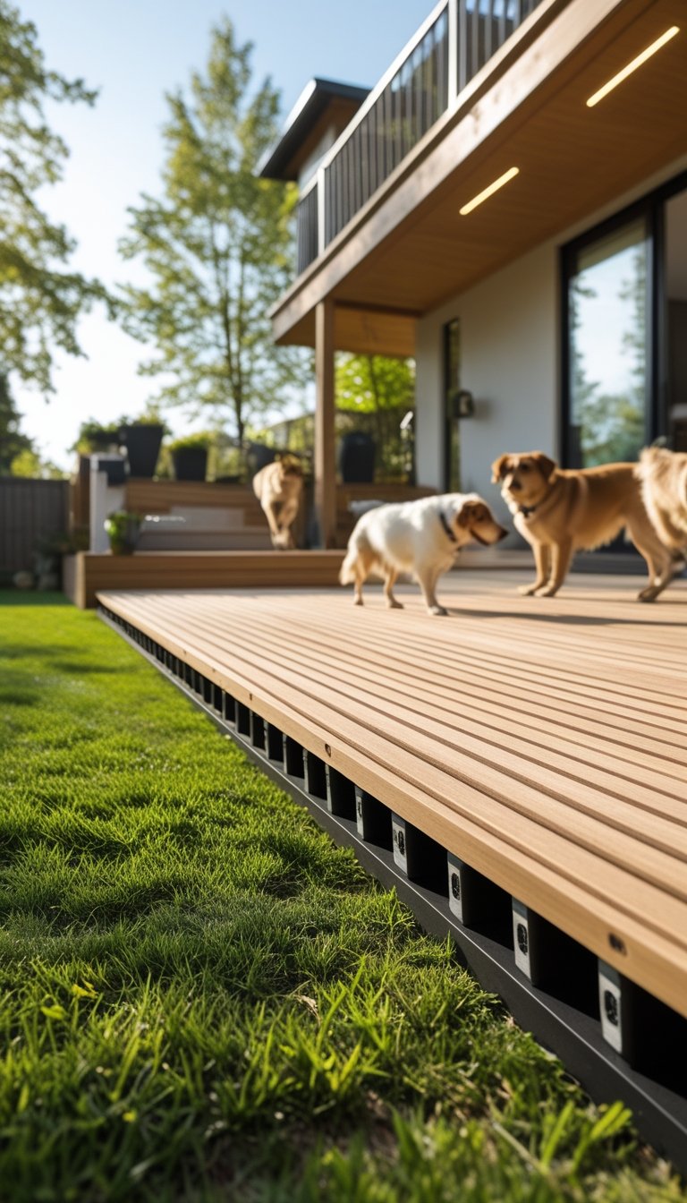 Outdoor wooden deck with removable slatted wooden skirting and dogs playing nearby in a backyard.