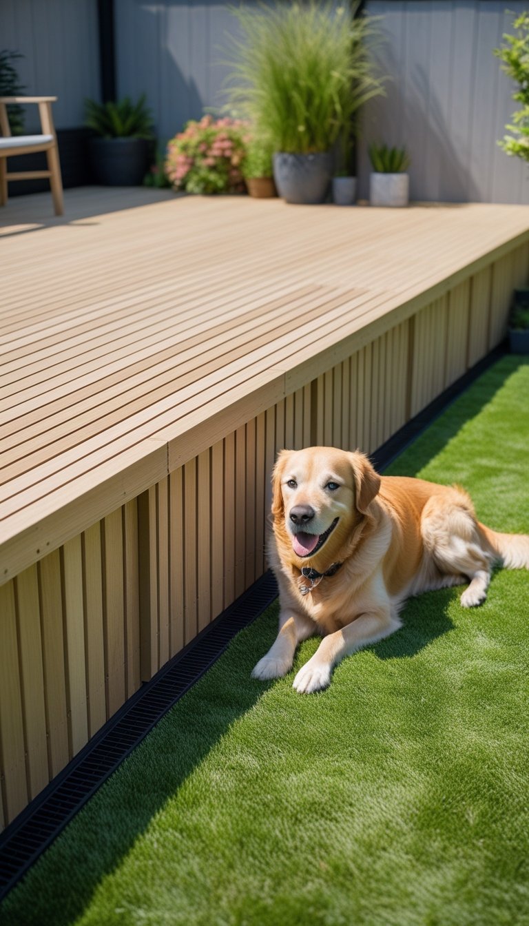 A dog resting near a wooden deck with vertical board and batten skirting in a sunny backyard.