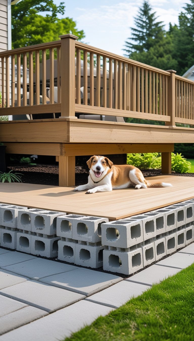 Backyard wooden deck with concrete block skirting and a dog resting nearby on green grass.