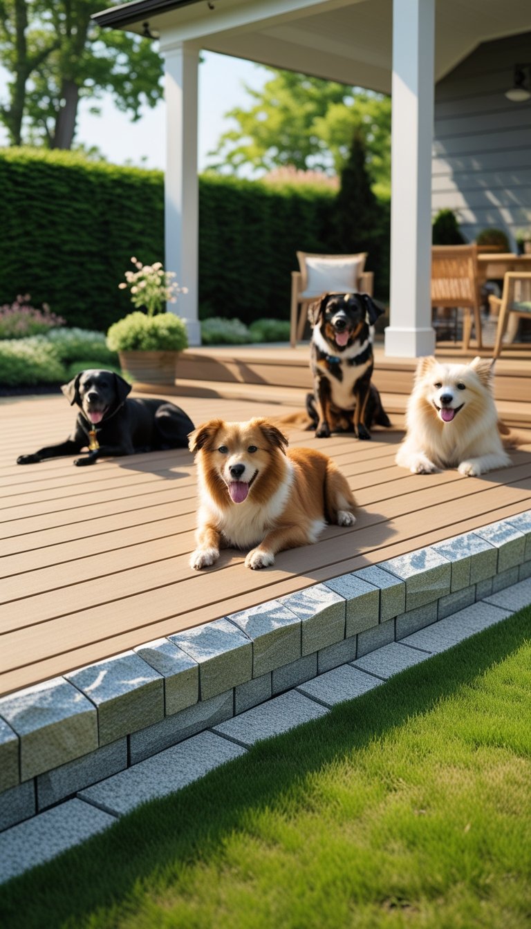 Outdoor wooden deck with stone veneer skirting and several dogs resting and playing nearby in a garden.