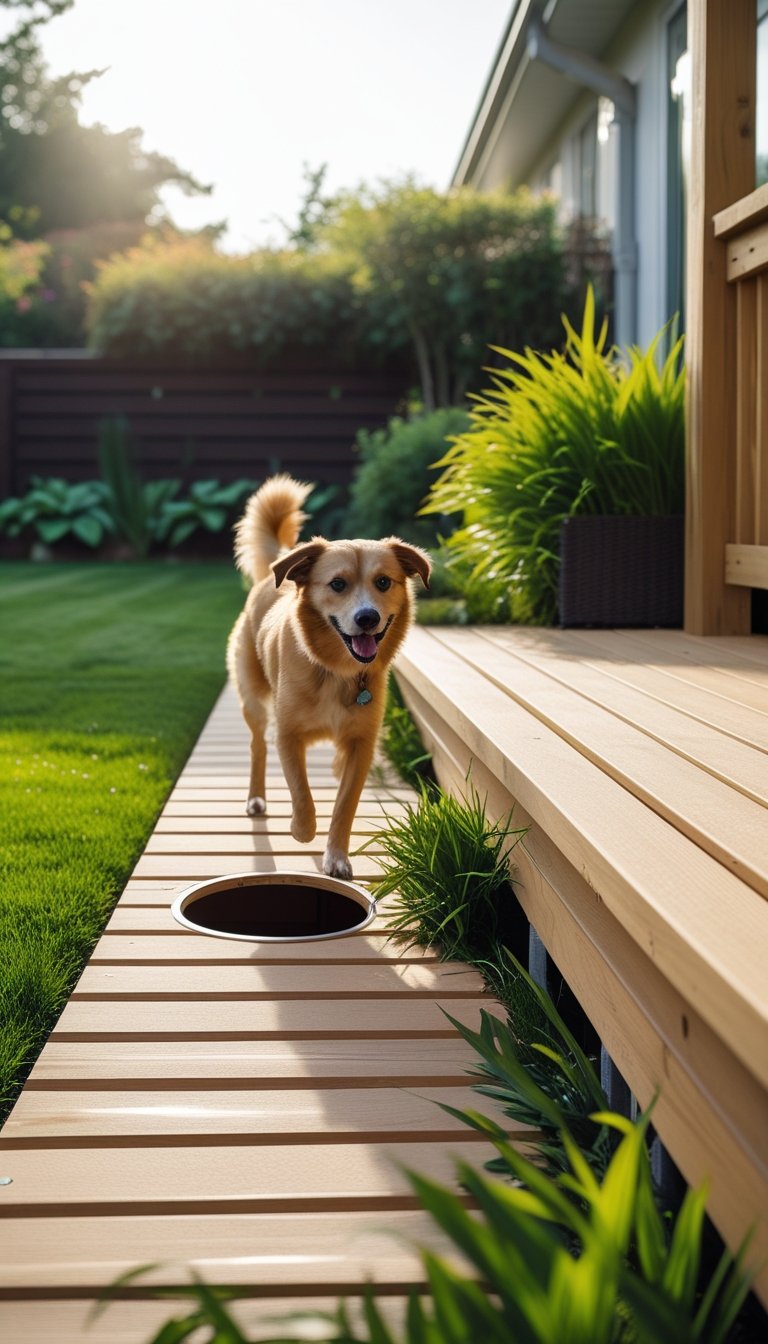 A wooden deck with skirting that includes a small dog door, showing a dog walking through it into a green backyard.