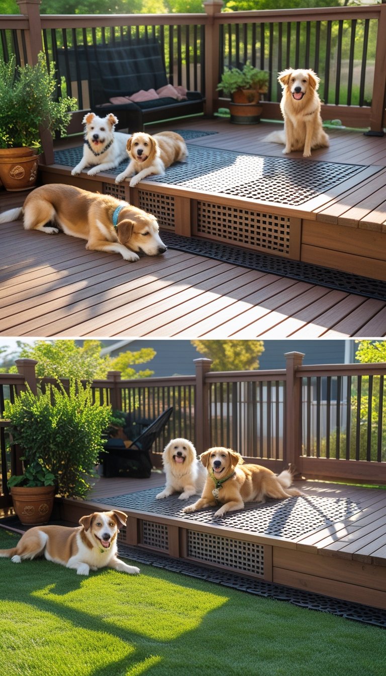 Outdoor wooden deck with various deck skirting designs and several dogs playing and resting nearby in a fenced yard.