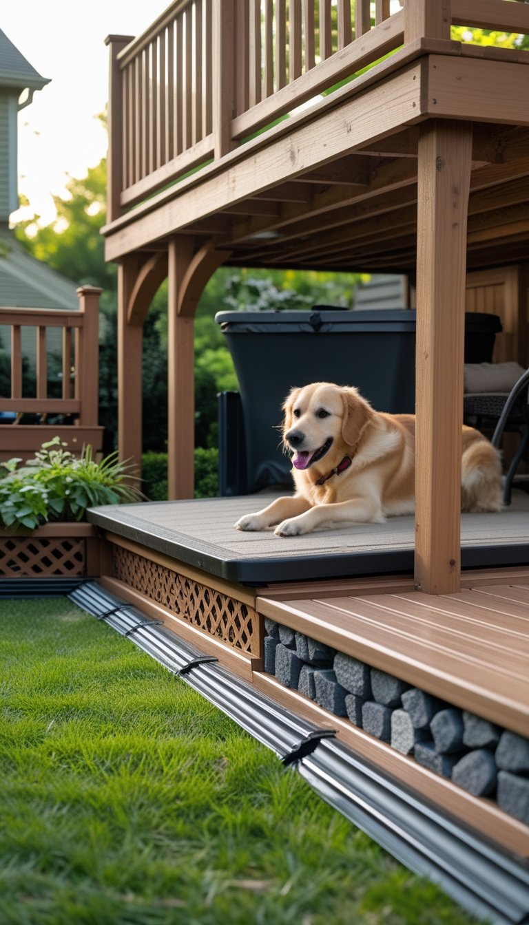 A backyard deck with various types of skirting and a dog nearby in a green garden.