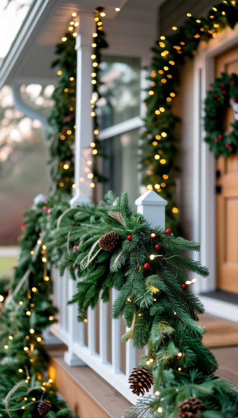 Front porch railing decorated with fresh evergreen garlands and warm white lights for Christmas.