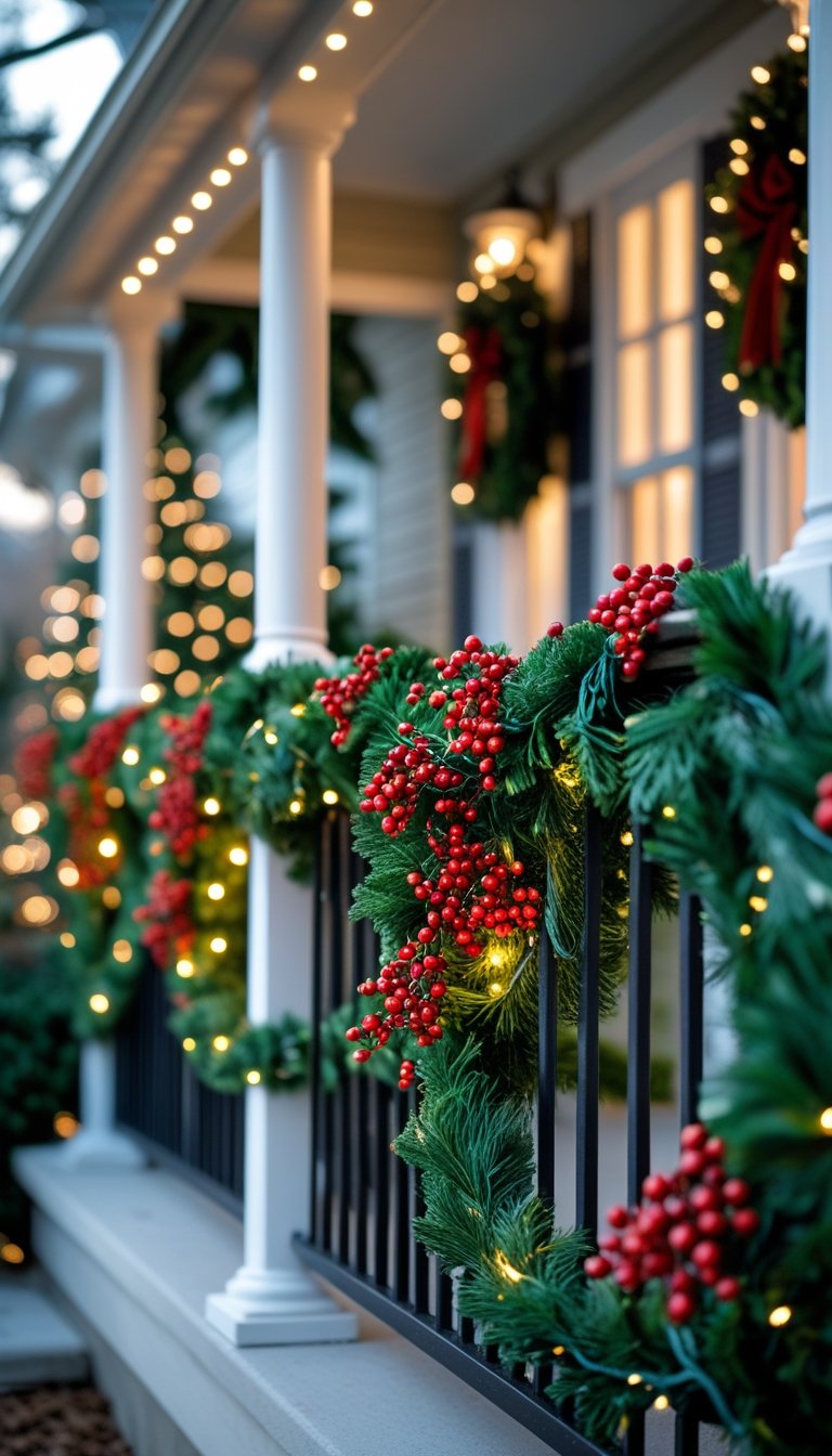 Front porch railing decorated with green garlands and red berry clusters for Christmas.