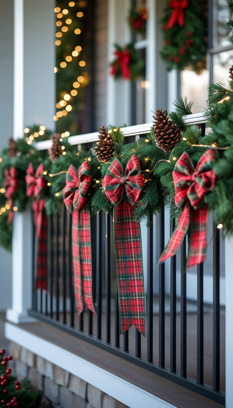 Front porch railing wrapped with red and green plaid ribbon and decorated with pine garlands and lights for Christmas.