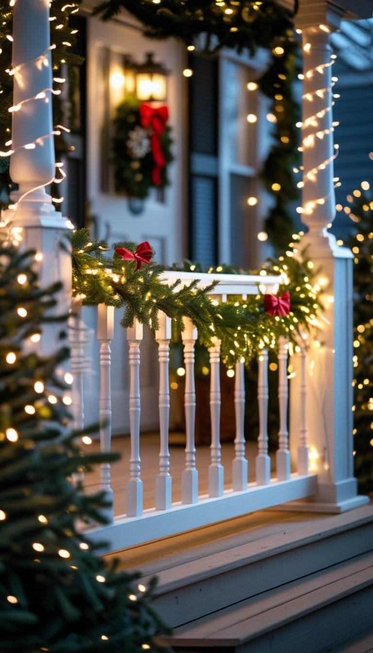 Front porch railing decorated with warm white string lights twisted through the spindles and festive Christmas greenery.