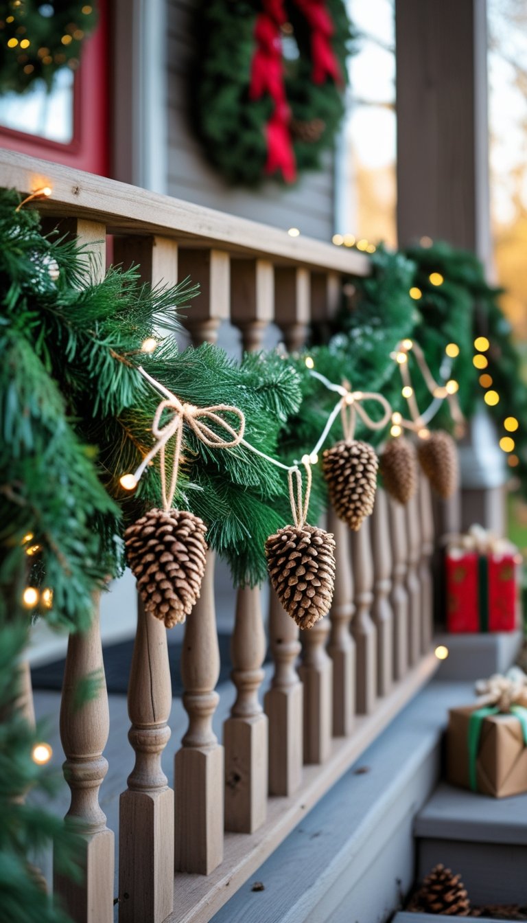Front porch railing decorated with green garlands and hanging pinecone ornaments, with a red door and wrapped gifts in the background.