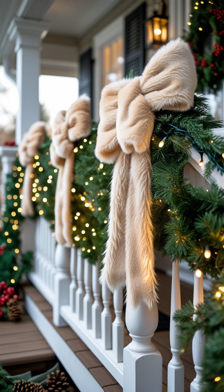 Front porch railing decorated with green garlands, warm white lights, and soft faux fur bows for Christmas.