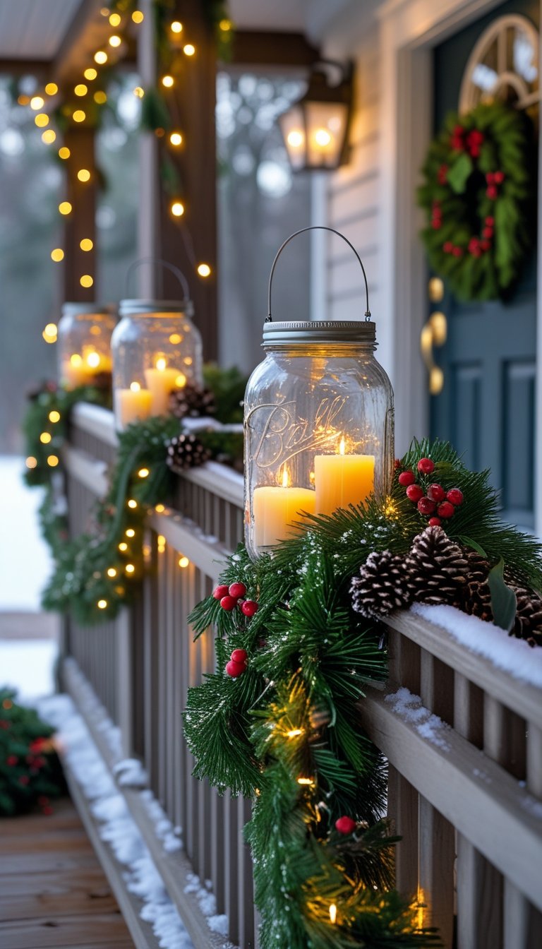 A front porch decorated for Christmas with glowing mason jar lanterns hanging on the railing, green garlands, and festive lights.