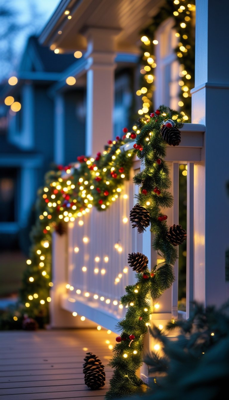 A front porch railing decorated with glowing battery-operated LED lights, green garlands, red berries, and pine cones during Christmas.