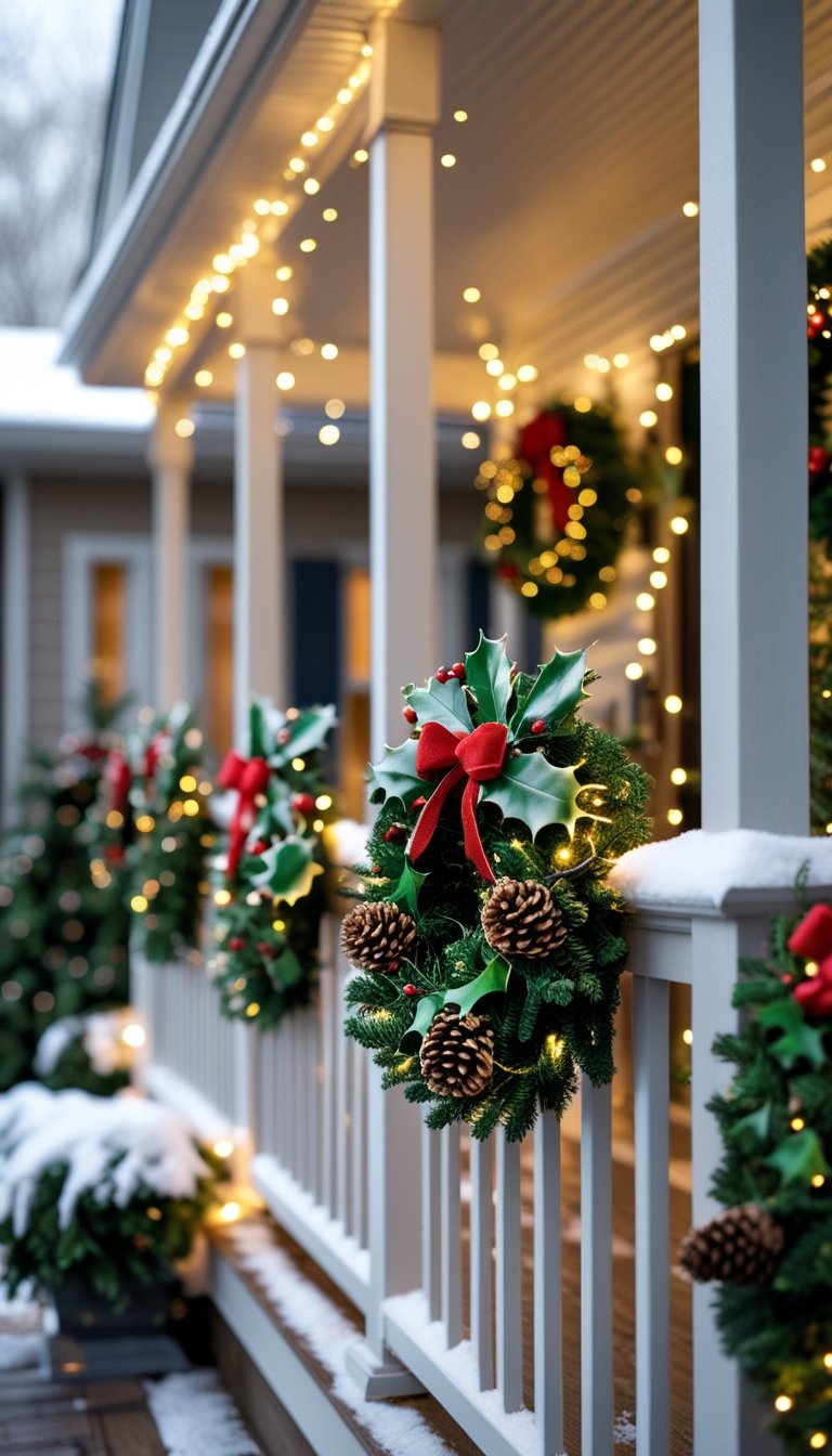 Front porch railing decorated with miniature Christmas wreaths on each post, surrounded by festive greenery and soft falling snow.