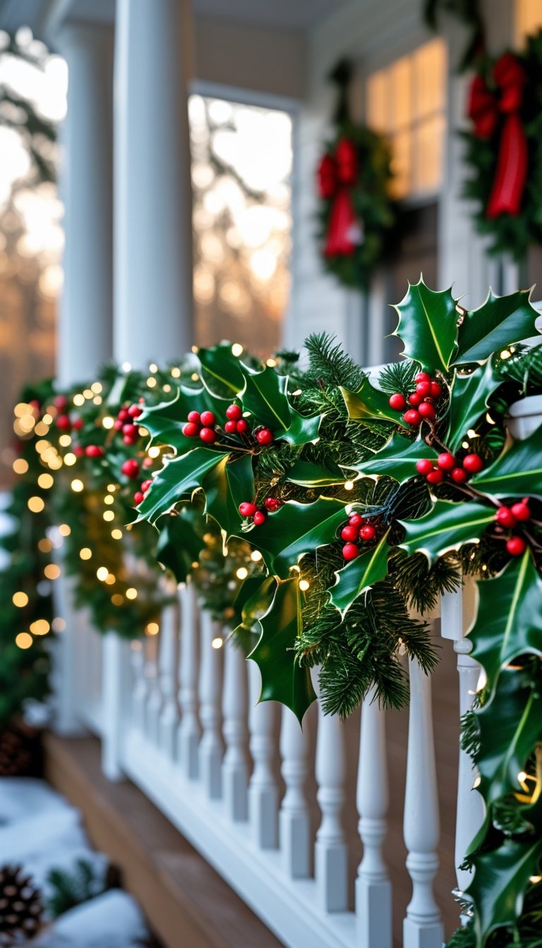 Front porch railing decorated with green garlands and red holly berries for Christmas.