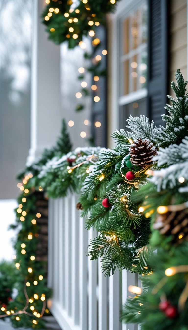 Front porch railing decorated with green garlands lightly covered in fake snow and holiday lights.
