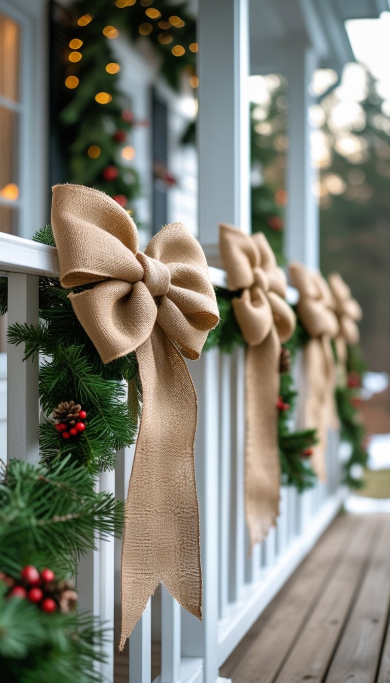 Front porch railing decorated with burlap bows, pine garlands, red berries, and pinecones during Christmas.
