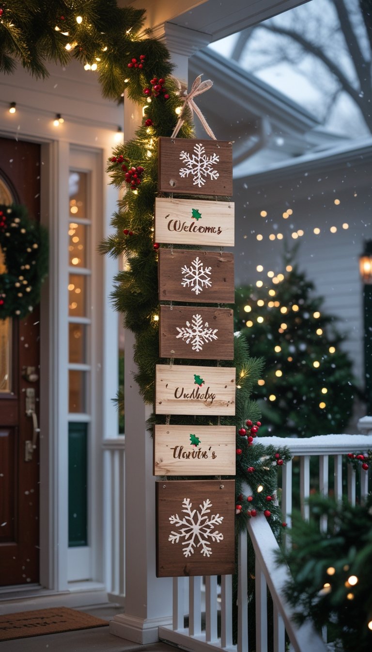 A front porch decorated for Christmas with wooden signs hanging on the railing, surrounded by garlands and holiday decorations.