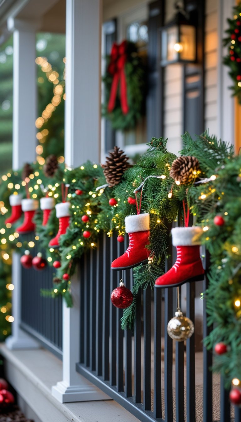 Front porch railing decorated with green garlands, small Santa boot ornaments, and Christmas lights.