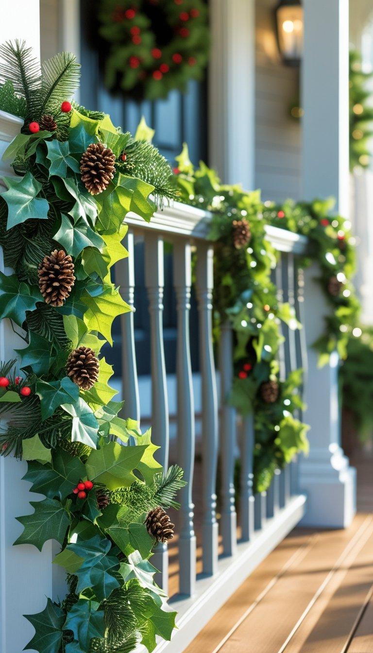 Front porch railing wrapped with faux ivy and pine branches decorated for Christmas.