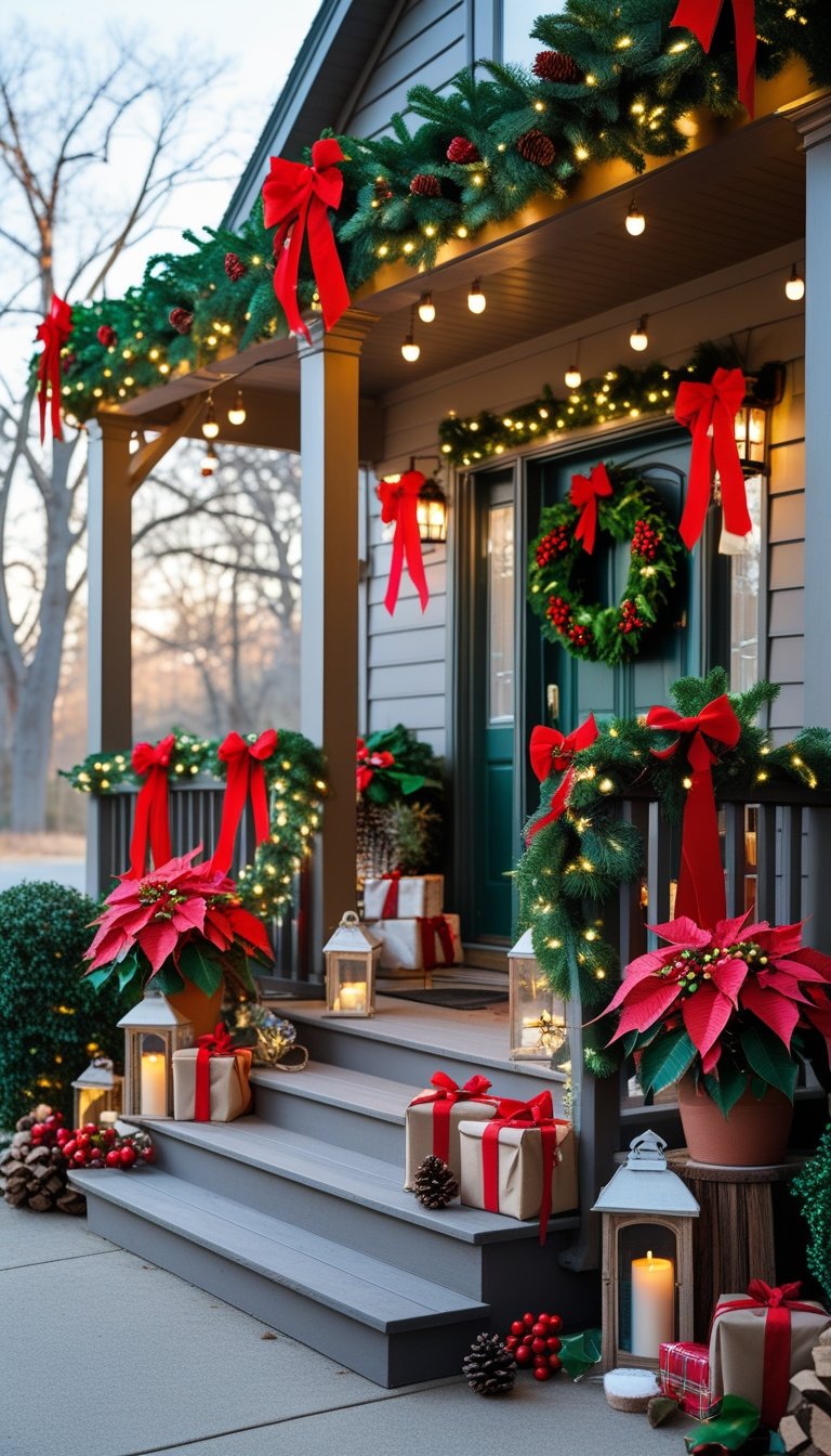 Front porch decorated with green garlands, red ribbons, wreaths, poinsettias, and lanterns for Christmas.
