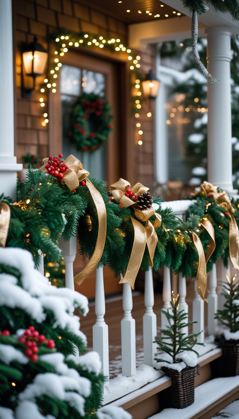 A front porch railing decorated with green garlands, metallic gold ribbons, red berries, pine cones, and white string lights, with a light dusting of snow.