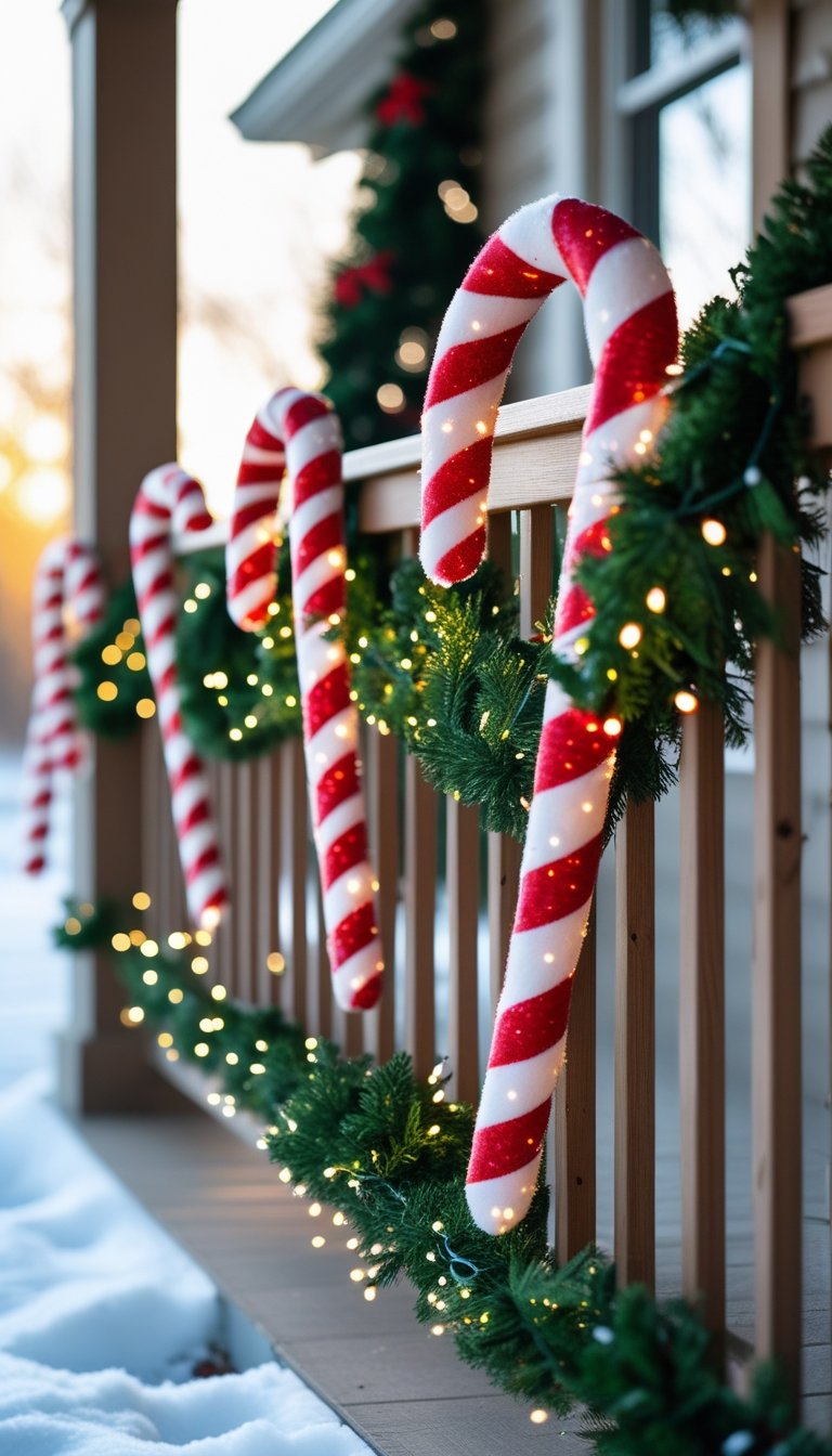 Front porch railing decorated with candy cane decorations, green garlands, and white lights for Christmas.