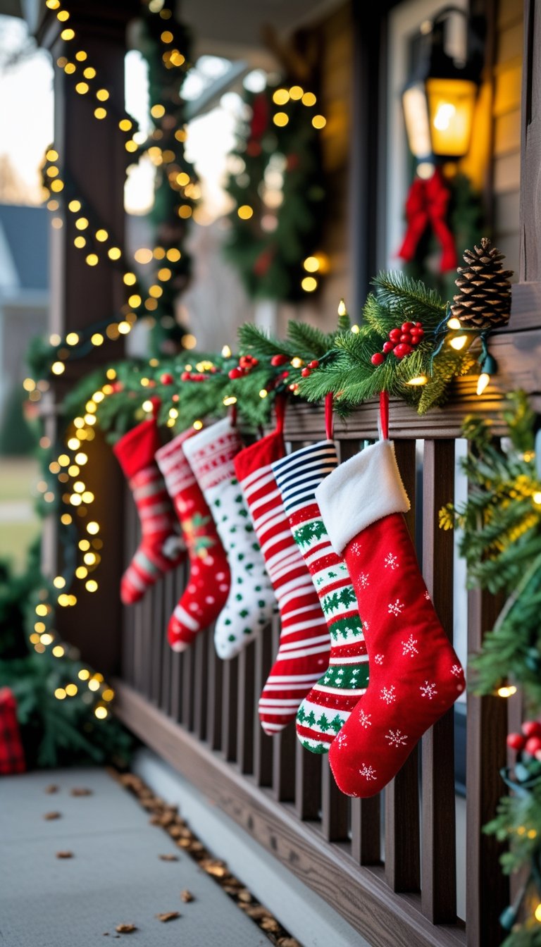A front porch railing decorated with small Christmas stockings, green garlands, and fairy lights.