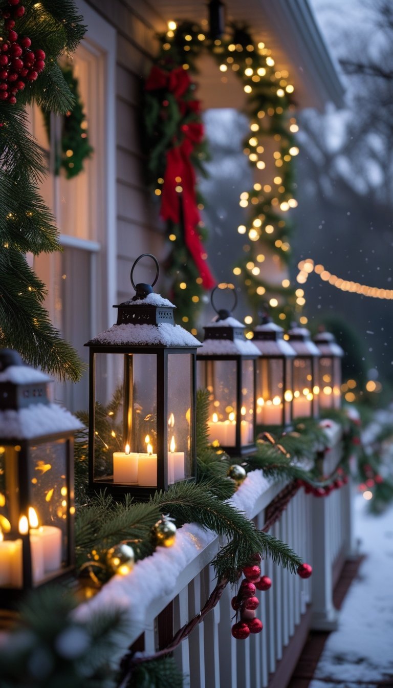 A front porch railing decorated with lanterns holding battery tealight candles and holiday garlands.