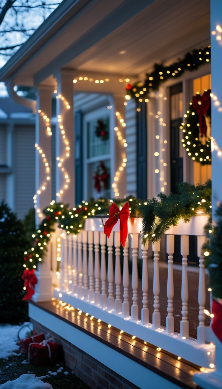 A front porch railing decorated with warm white fairy lights, pine garlands, and red bows during Christmas.