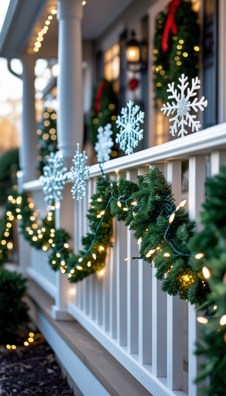 Front porch railing decorated with glittered snowflake ornaments, green garlands, and white fairy lights for Christmas.