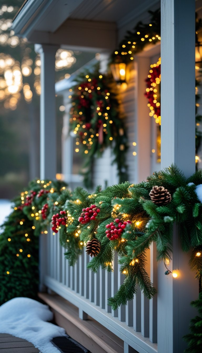 Front porch railing decorated with pine garlands, red berries, pine cones, and warm white lights during Christmas.
