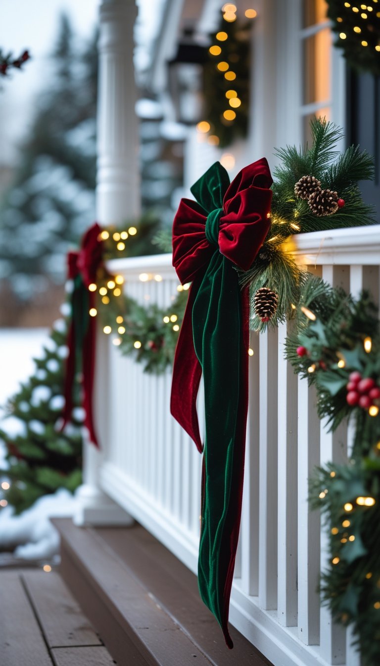 Front porch railing decorated with red and green velvet ribbon bows, pine garlands, and fairy lights for Christmas.