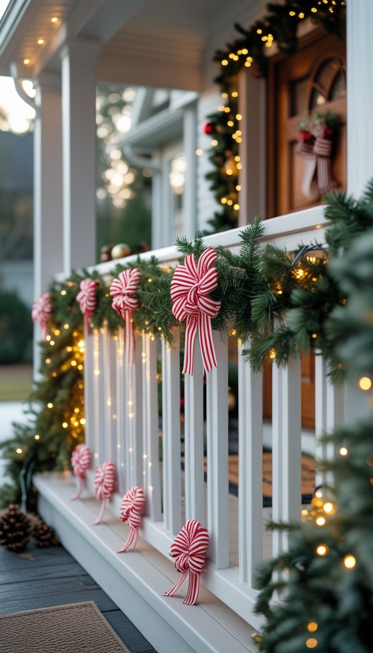 Front porch railing decorated with miniature red and white striped bows and green garlands with lights for Christmas.