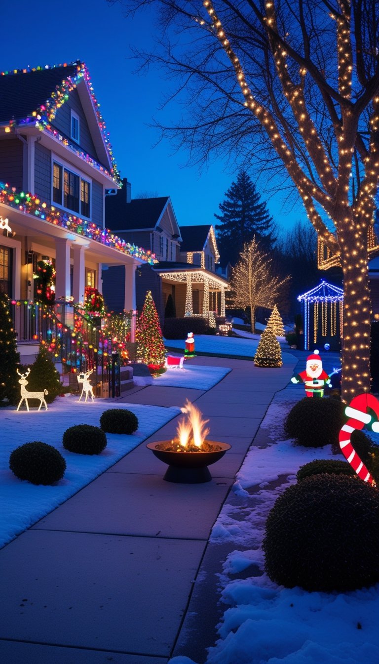 A neighborhood at dusk decorated with various colorful and white Christmas lights on houses, trees, bushes, and yard decorations, with light snow on the ground.